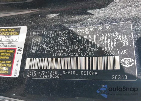 2010 Toyota Camry Xle V6 z USA, uszkodzony, nr VIN 4T1BK3EKXAU103303